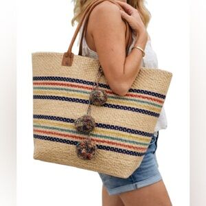 Mar Y Sol Straw Tote Pom Pom Market Bag Large Woven Beach Bag Caracas NWT